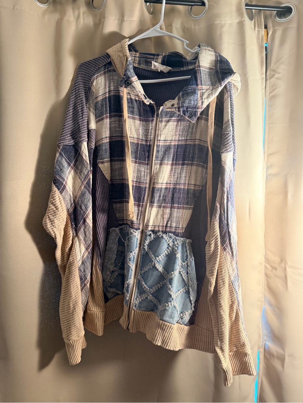 Oli & Hali Plaid Patchwork Zip Hoodie in Blue and Cream